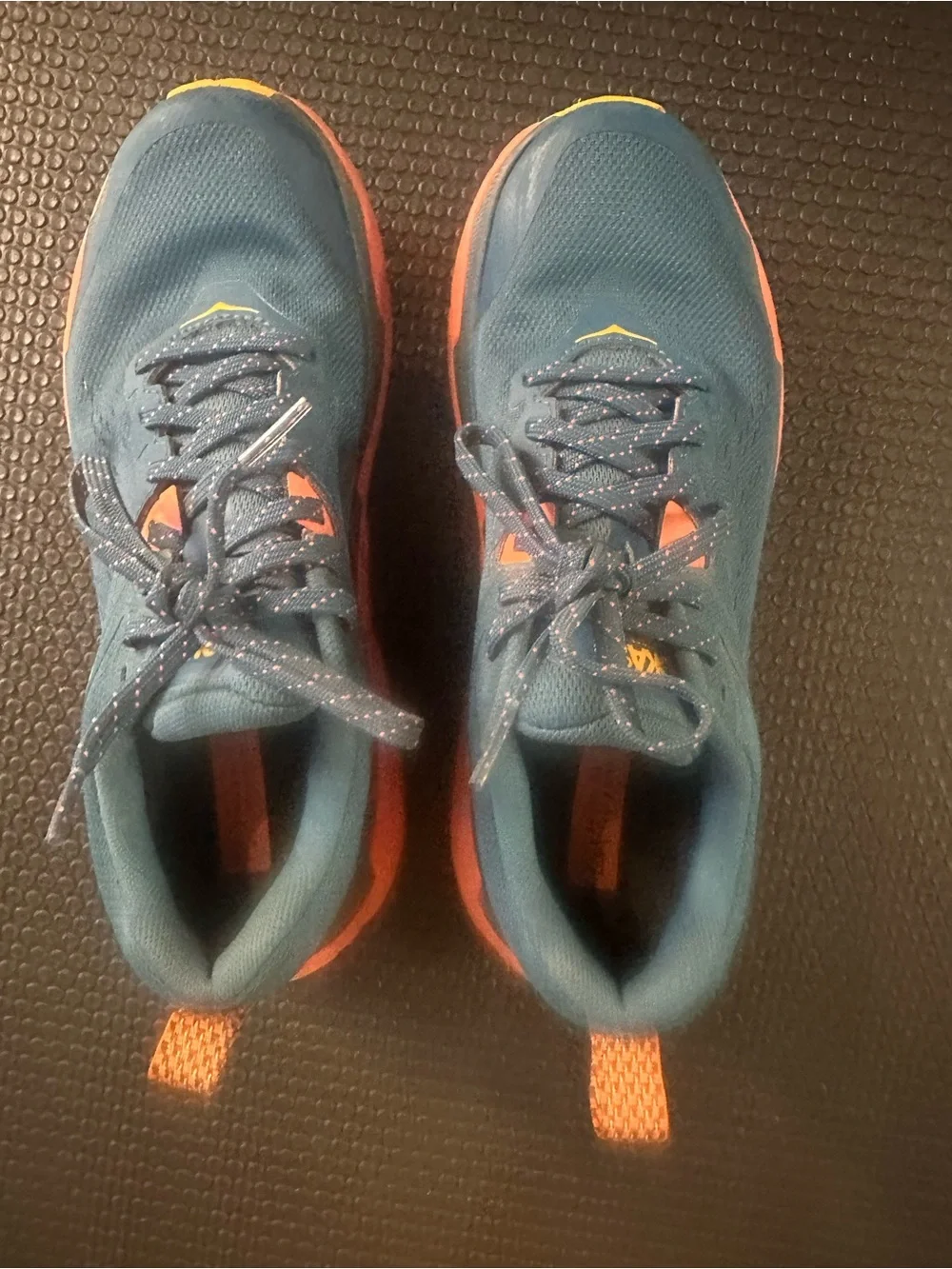 Hoka One One Challenger—Blue Trail Sneakers with Salmon and Yellow Soles